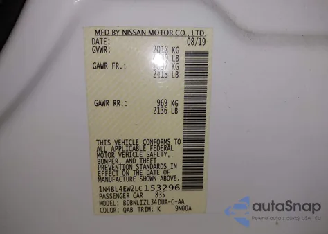 2020 Nissan Altima Sl Intelligent Awd из США, поврежденный, VIN 1N4BL4EW2LC153296